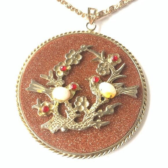 Rare vintage HOBE’ goldstone opal huge 2.25” pendant necklace faux sapphire ruby - Picture 12 of 16
